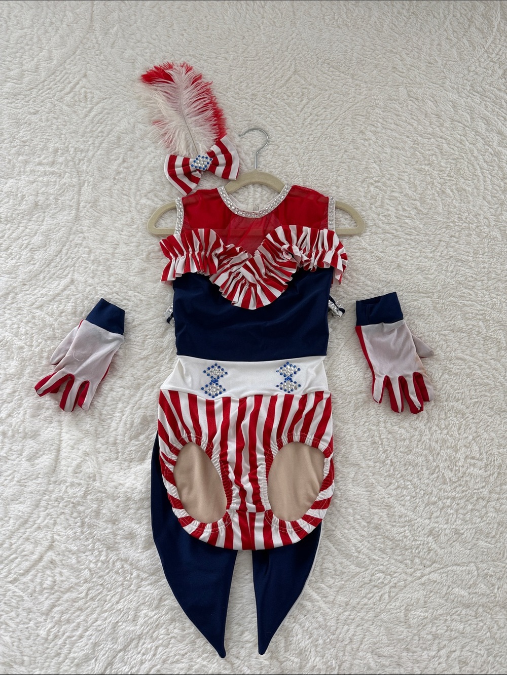 Kids Patriotic Red, White & Blue Dance Costume with Feather Headpiece